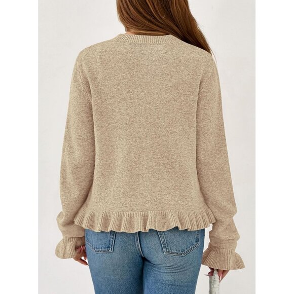 Women’s Chunky Knit Button Down Ruffle Cropped Cardigan Sweater Long Sleeve - Picture 4 of 8